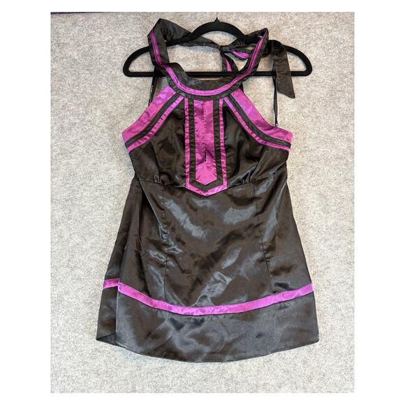 Vintage Y2K Rampage Satin Halter Top Womens Medium Black Purple Babydoll Boho - Picture 1 of 5